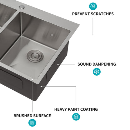 Double Bowl (50/50) Drop in Sink - 33"x22"x9" Stainless Steel Kitchen Sink 18 Gauge with Two 9" Deep Basin