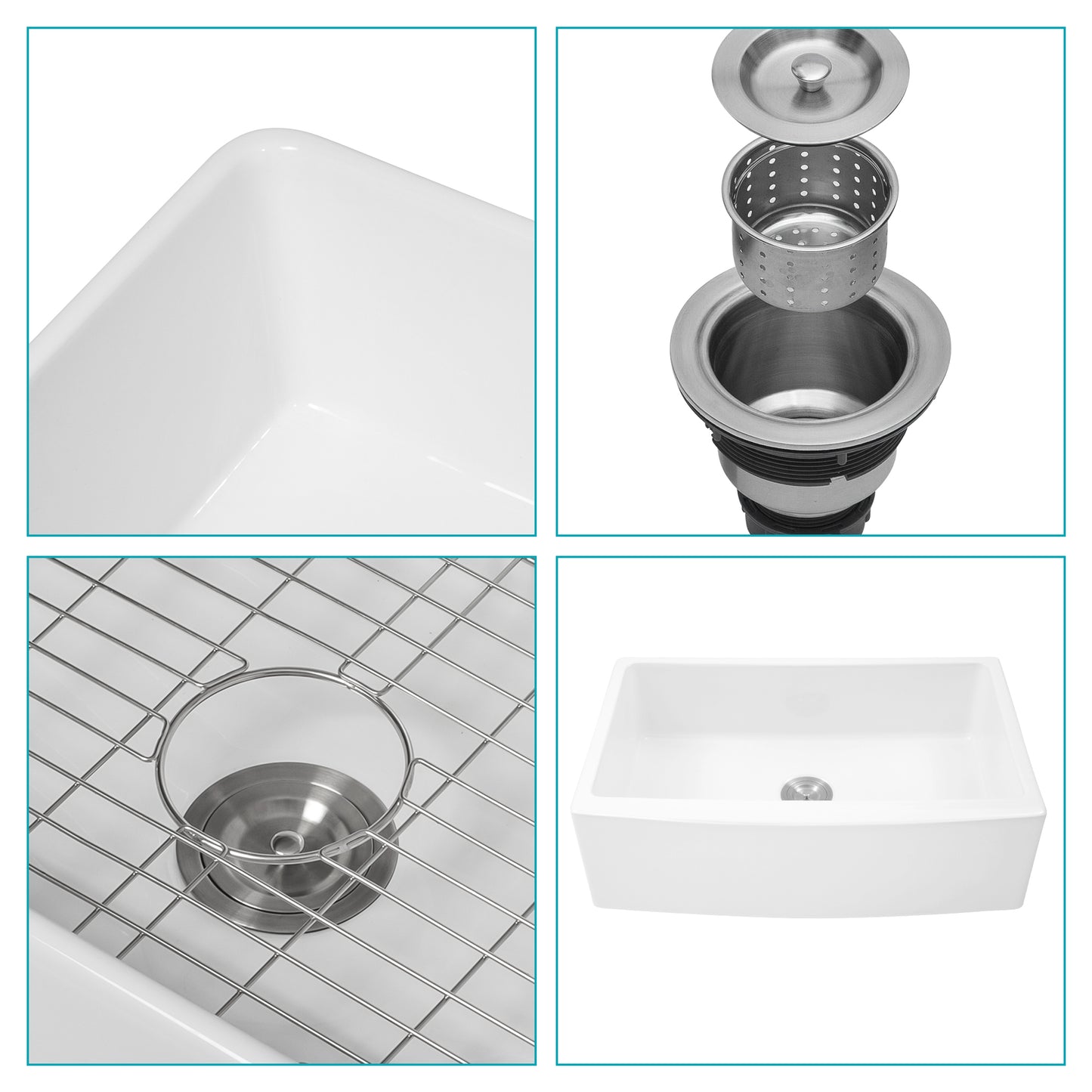 White Farmhouse Sink - 33 x 21 x 10 inch White Kitchen Sink Ceramic Porcelain Arch Edge Apron Front Single Bowl Farm Kitchen Sinks