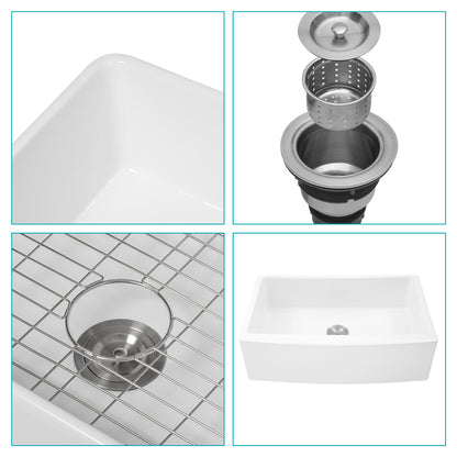 White Farmhouse Sink - 33 x 21 x 10 inch White Kitchen Sink Ceramic Porcelain Arch Edge Apron Front Single Bowl Farm Kitchen Sinks