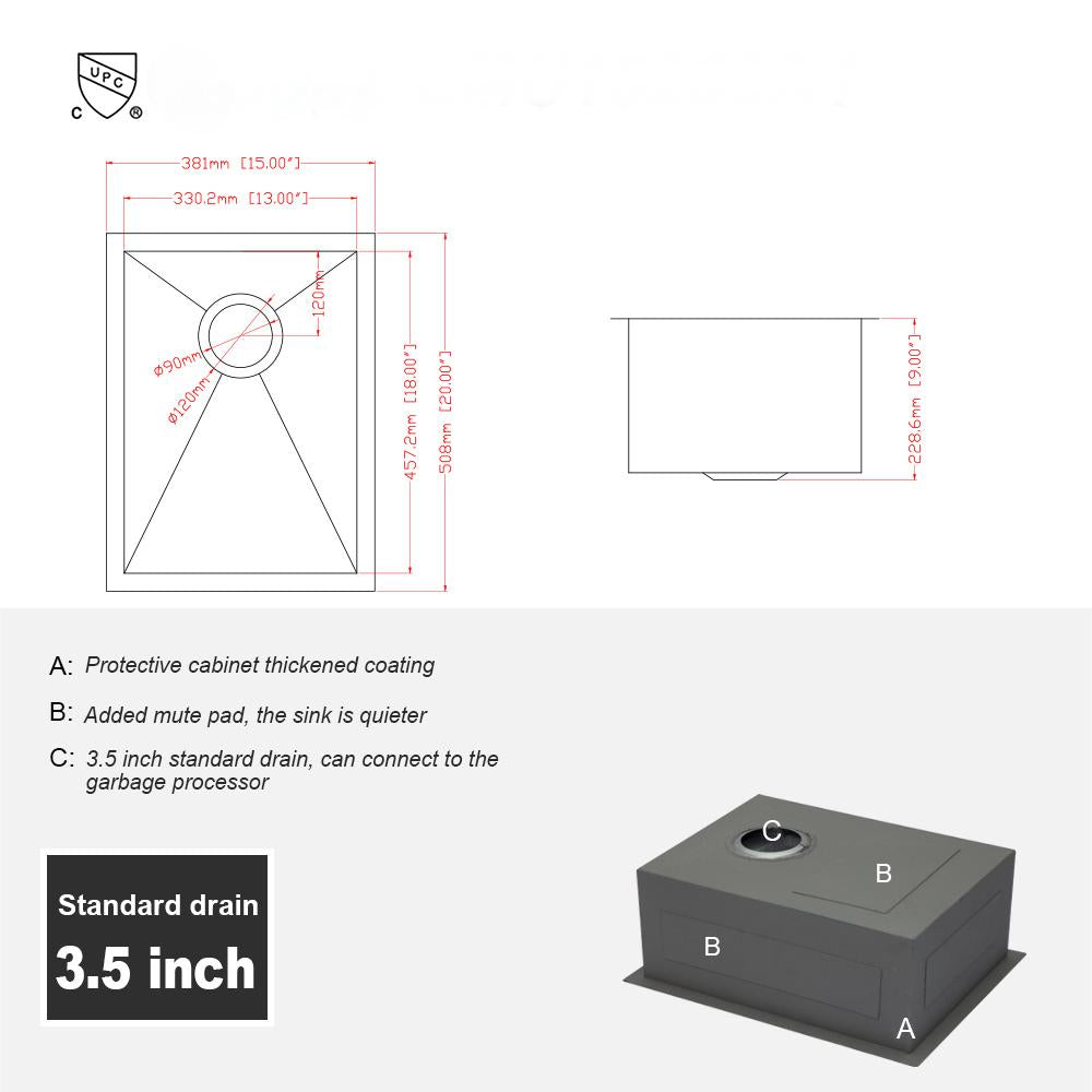 15 Inch Undermount Sink - 15"x20"x9" Undermount Stainless Steel Kitchen Sink 16 Gauge 9 Inch Deep Single Bowl Kitchen Sink Basin