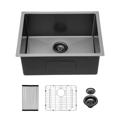 23" Gunmetal Black Kitchen Sink - 23"x 18"x 10" Undermount Singel Bowl Kitchen basin 16 Gauge Stainless Steel with 10 Inch Deep