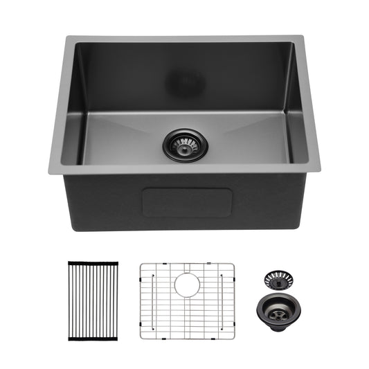 23" Gunmetal Black Kitchen Sink - 23"x 18"x 10" Undermount Singel Bowl Kitchen basin 16 Gauge Stainless Steel with 10 Inch Deep