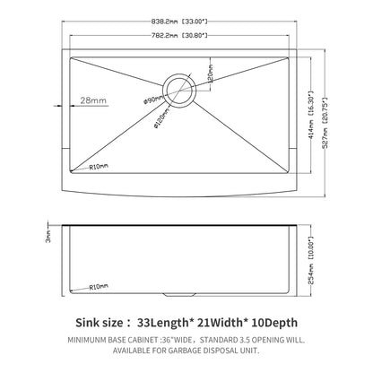 33 Rose Gold Farmhouse Sink - 33*21*10 Inch Kitchen Sink Stainless Steel 16 gauge Apron Front Kitchen Sink