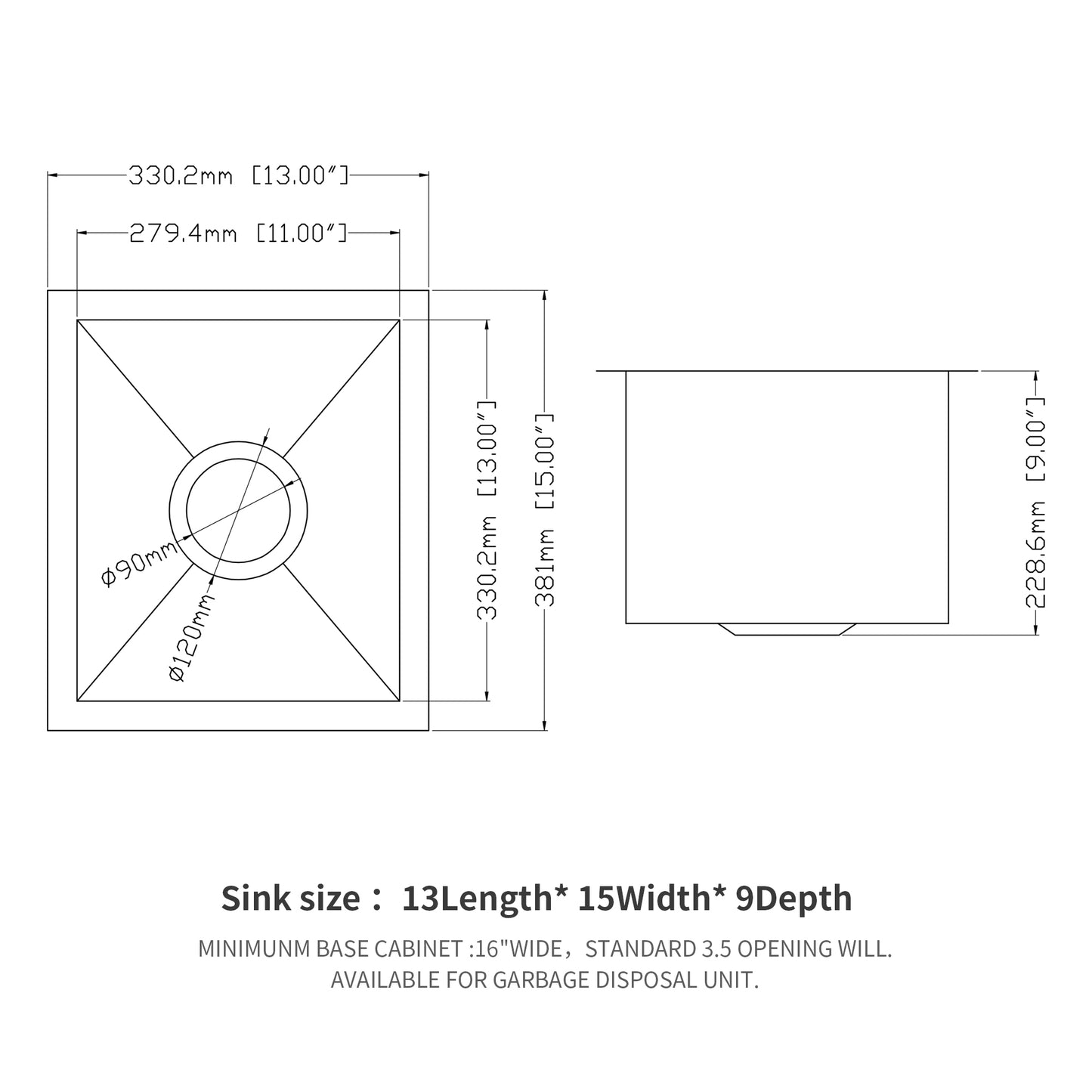 13 Inch Undermount Sink - 13" x 15" x 9" Undermount Stainless Steel Kitchen Sink 16 Gauge 9 Inch Deep Single Bowl Kitchen Sink Basin