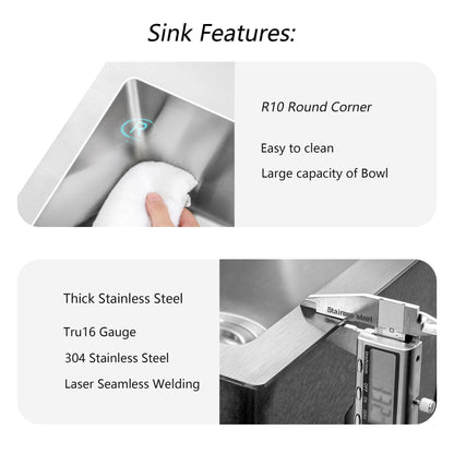 15" x 15" x 9" Stainless Steel Drop In Kitchen Sink - 15 Inch Drop-in Topmount Sinks 16 Gauge Single Bowl Bar Sink
