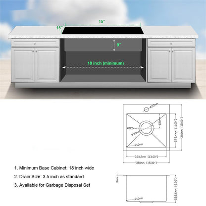 15" x 15" x 9" Stainless Steel Drop In Kitchen Sink - 15 Inch Drop-in Topmount Sinks 16 Gauge Single Bowl Bar Sink