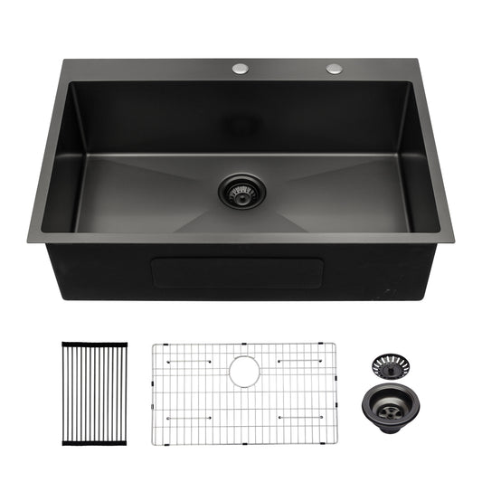33 x 22 x 10 inch Kitchen Sink Drop In Gunmetal Black 16 Gauge Stainless Steel 33" Single Bowl Topmount Kitchen Sink Basin