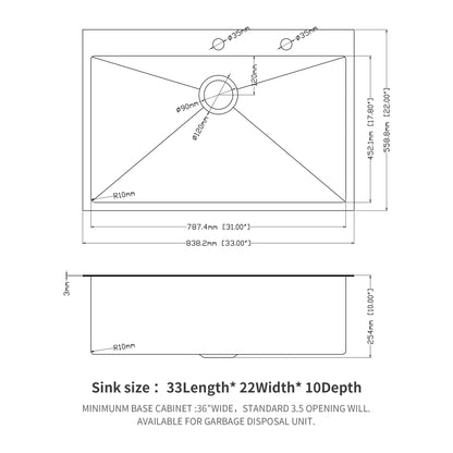 33 x 22 x 10 inch Kitchen Sink Drop In Gunmetal Black 16 Gauge Stainless Steel 33" Single Bowl Topmount Kitchen Sink Basin