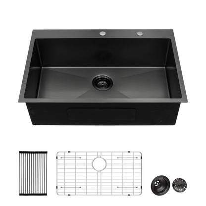Gunmetal Black Drop in Kitchen Sink, 28 x 22 x 10 inch Drop in Kitchen Sink Gunmetal Black Topmount 16 Gauge Deep Single Bowl Stainless Steel Sink Basin