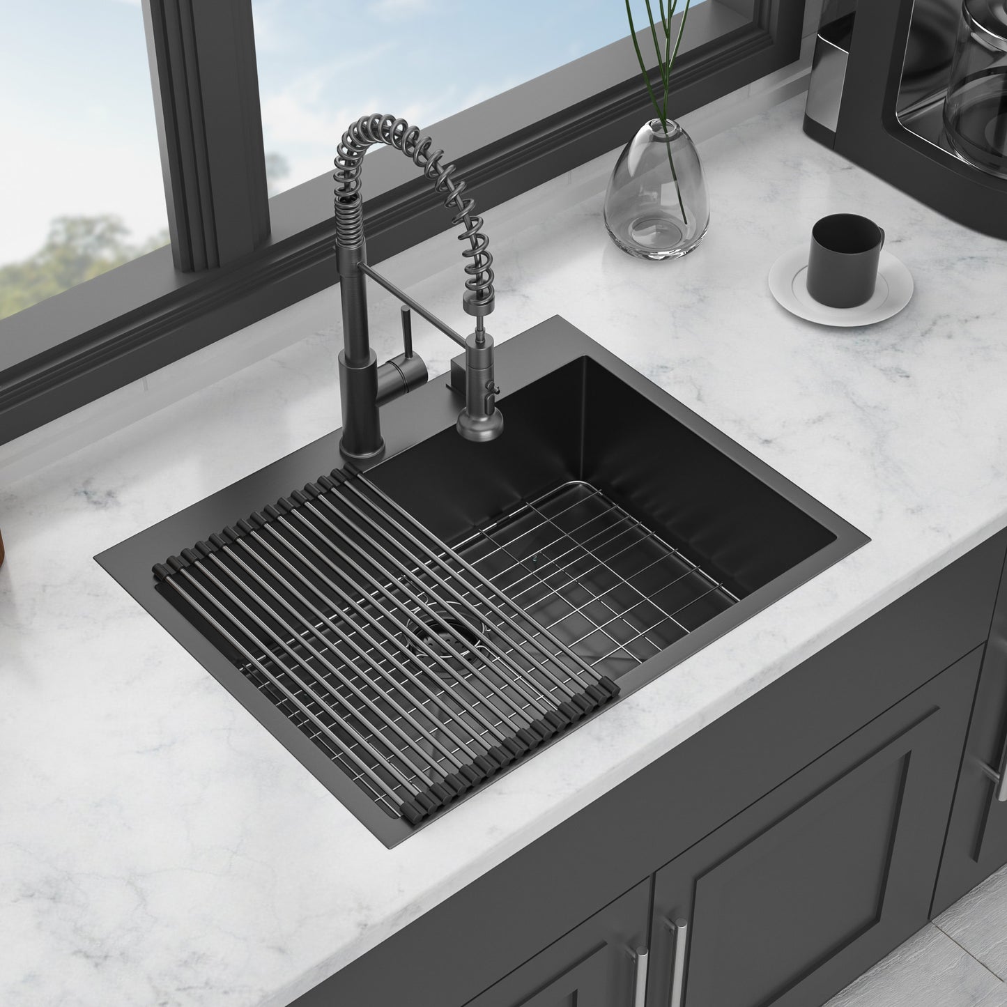 Gunmetal Black Drop in Kitchen Sink, 28 x 22 x 10 inch Drop in Kitchen Sink Gunmetal Black Topmount 16 Gauge Deep Single Bowl Stainless Steel Sink Basin