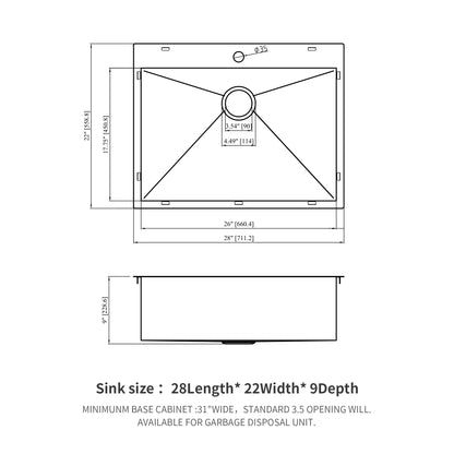 28 Kitchen Sink Drop In - 28 x 22 x 9 inch Gunmetal Black Drop In Topmount 16 Gauge Stainless Steel Kitchen Sink