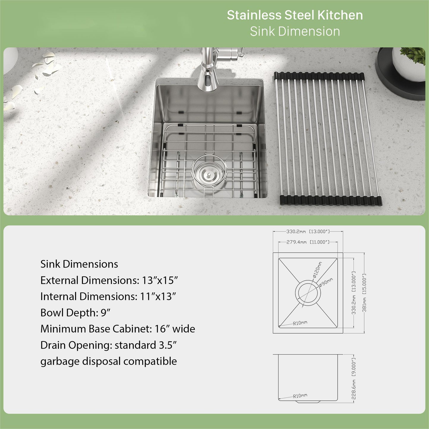 13 Inch Undermount Sink - 13"x15"x9" Undermount Stainless Steel Kitchen Sink 16 Gauge Single Bowl Kitchen Sink 9 Inch Deep Bar/Prep Sink Basin