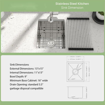 13 Inch Undermount Sink - 13"x15"x9" Undermount Stainless Steel Kitchen Sink 16 Gauge Single Bowl Kitchen Sink 9 Inch Deep Bar/Prep Sink Basin