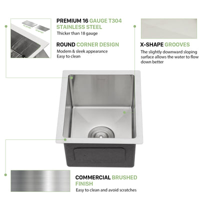 13 Inch Undermount Sink - 13"x15"x9" Undermount Stainless Steel Kitchen Sink 16 Gauge Single Bowl Kitchen Sink 9 Inch Deep Bar/Prep Sink Basin