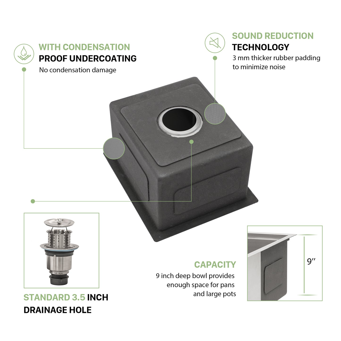 13 Inch Undermount Sink - 13"x15"x9" Undermount Stainless Steel Kitchen Sink 16 Gauge Single Bowl Kitchen Sink 9 Inch Deep Bar/Prep Sink Basin