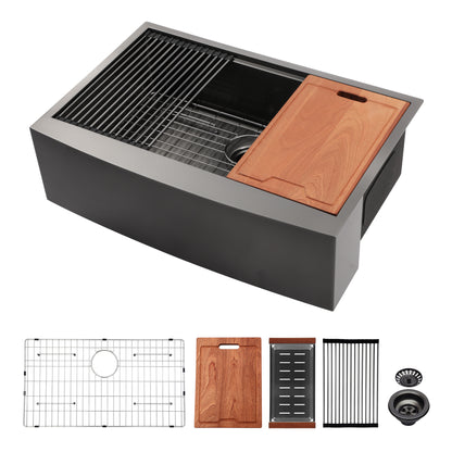 33" x 22" x 10" Black Farmhouse Sink Workstation - 33 Inch Kitchen Sink Gunmetal Black Stainless Steel 16 gauge Apron Front Kitchen Sink