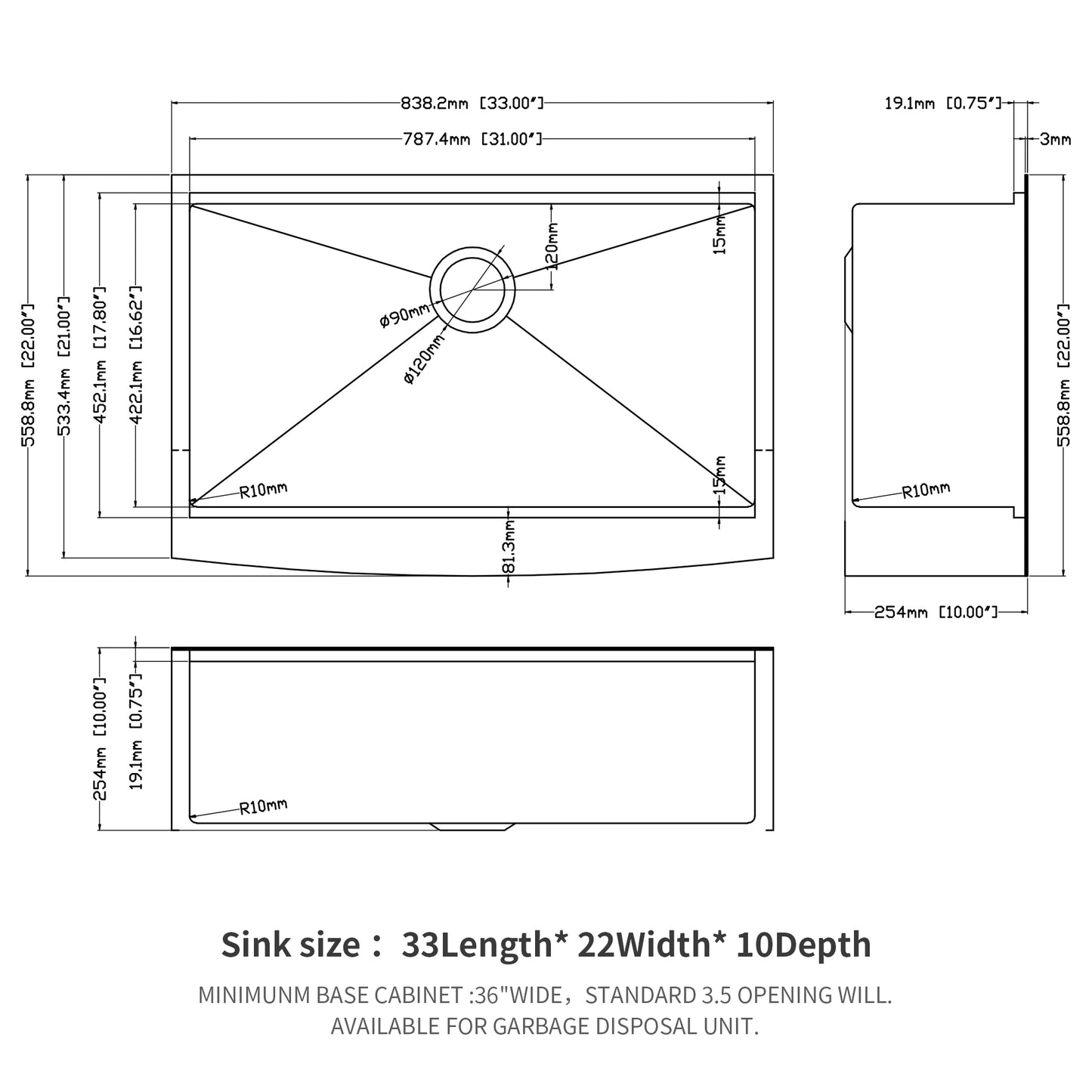 33" x 22" x 10" Black Farmhouse Sink Workstation - 33 Inch Kitchen Sink Gunmetal Black Stainless Steel 16 gauge Apron Front Kitchen Sink