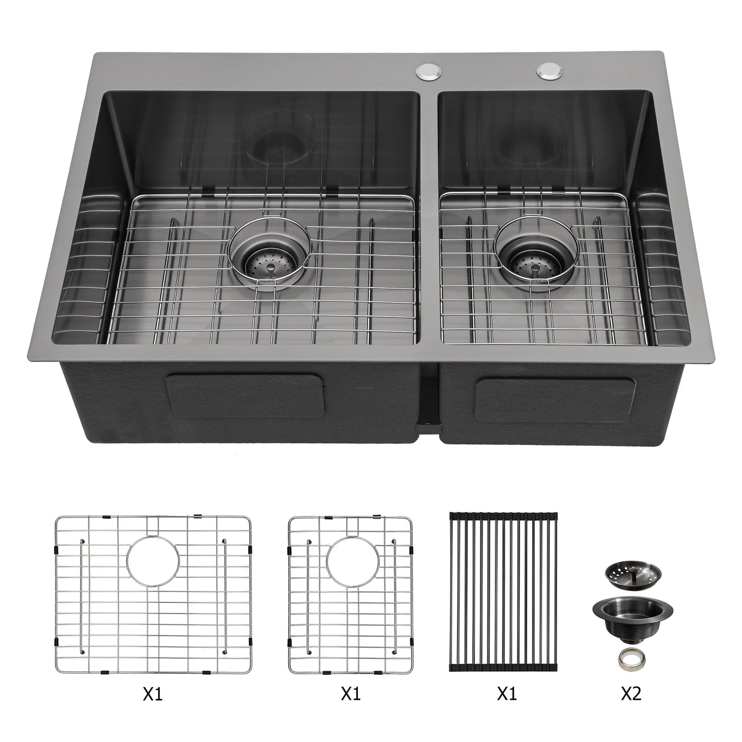 Double Bowl Drop in Sink- 33" x 22" x 10" Gunmetal Black Double Bowl Kitchen Sink 16 Gauge with Two 10" Deep Basin(60/40)