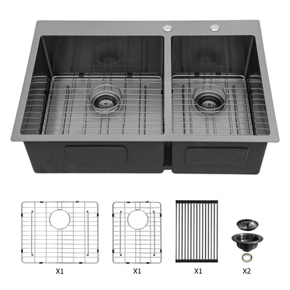 Double Bowl Drop in Sink- 33" x 22" x 10" Gunmetal Black Double Bowl Kitchen Sink 16 Gauge with Two 10" Deep Basin(60/40)