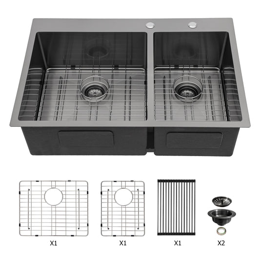 Double Bowl Drop in Sink- 33" x 22" x 10" Gunmetal Black Double Bowl Kitchen Sink 16 Gauge with Two 10" Deep Basin(60/40)