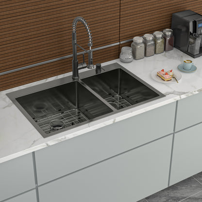 Double Bowl Drop in Sink- 33" x 22" x 10" Gunmetal Black Double Bowl Kitchen Sink 16 Gauge with Two 10" Deep Basin(60/40)