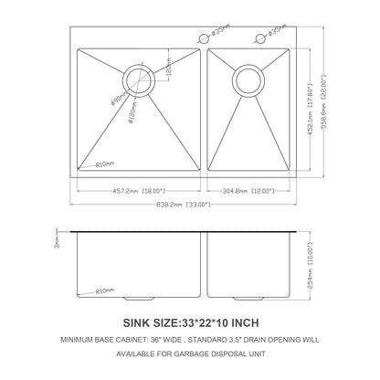 Double Bowl Drop in Sink- 33" x 22" x 10" Gunmetal Black Double Bowl Kitchen Sink 16 Gauge with Two 10" Deep Basin(60/40)