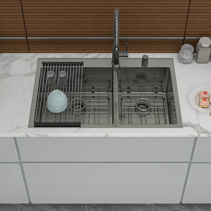 Double Bowl Drop in Sink- 33" x 22" x 10" Gunmetal Black Double Bowl Kitchen Sink 16 Gauge with Two 10" Deep Basin(60/40)