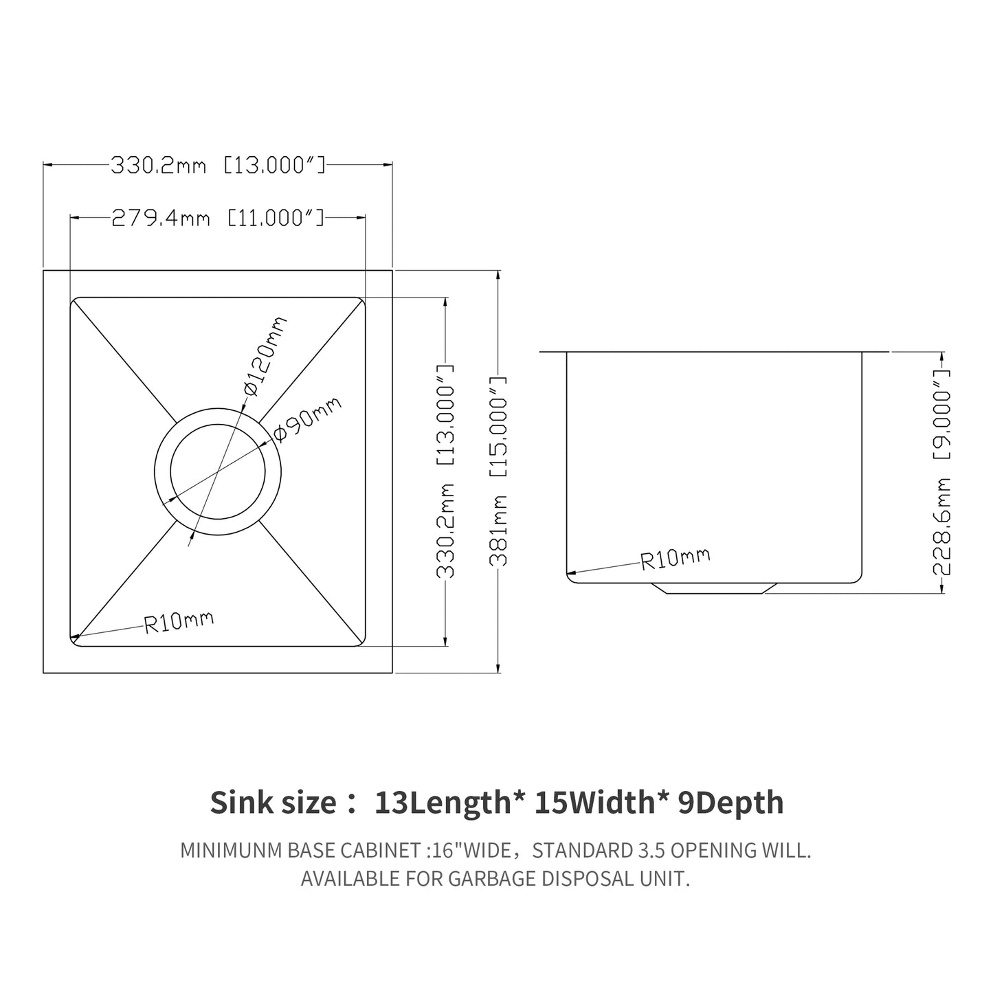 13 Inch Undermount Sink - 13"x15"x9" Undermount Stainless Steel Kitchen Sink 16 Gauge 9 Inch Deep Single Bowl Kitchen Sink Basin