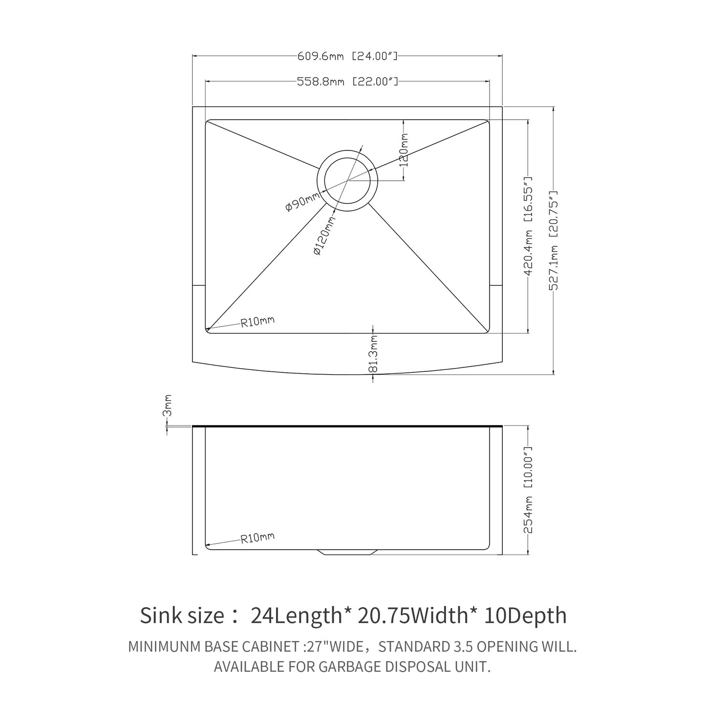 24" x 21" x 10" Gunmetal Black Farmhouse Sink - 24 Inch Kitchen Sink Stainless Steel 16 gauge Apron Front Kitchen Sink