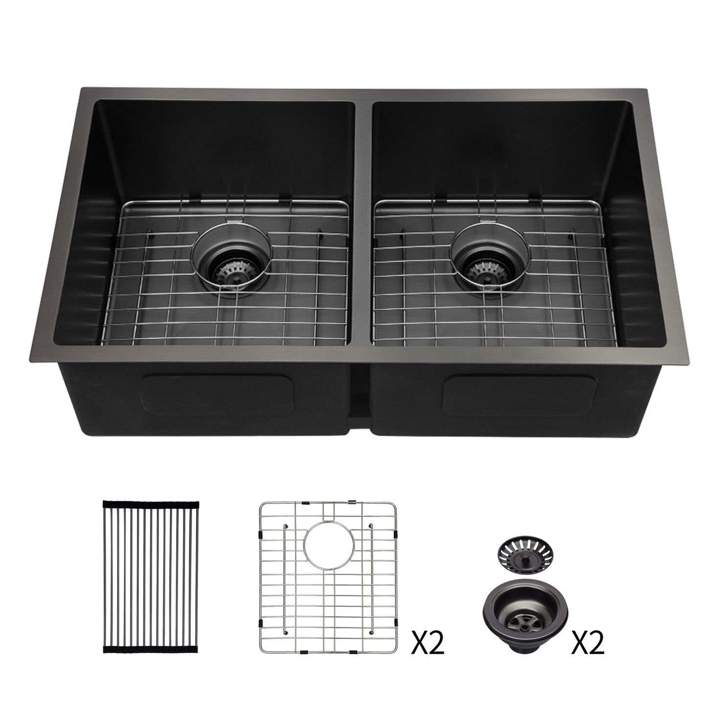 Double Bowl(50/50) Undermount Sink- 33"x19"x10" Gunmetal Black Double Bowl Kitchen Sink 16 Gauge with Two 10" Deep Basin