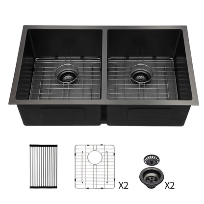 Double Bowl(50/50) Undermount Sink- 33"x19"x10" Gunmetal Black Double Bowl Kitchen Sink 16 Gauge with Two 10" Deep Basin