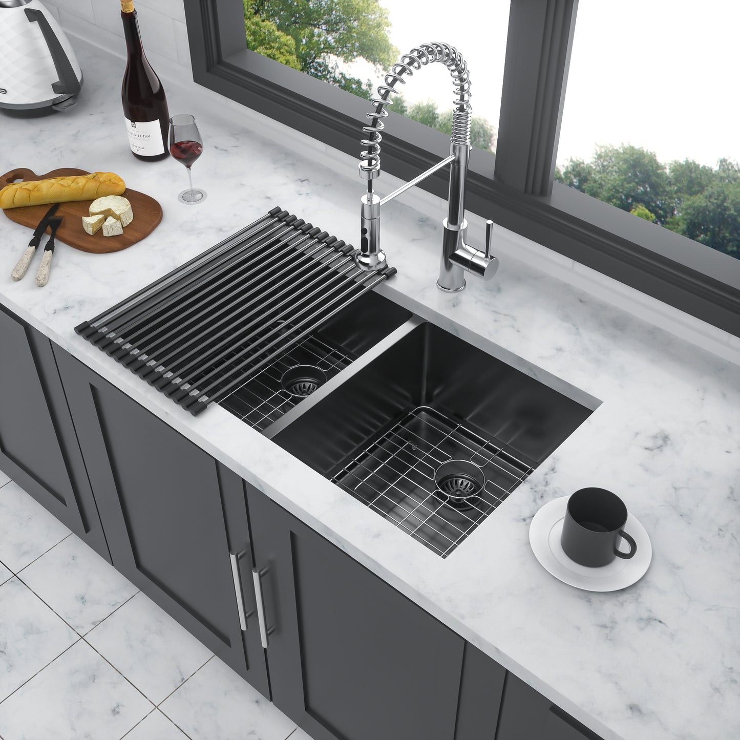 Double Bowl(50/50) Undermount Sink- 33"x19"x10" Gunmetal Black Double Bowl Kitchen Sink 16 Gauge with Two 10" Deep Basin