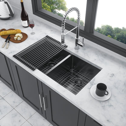 Double Bowl(50/50) Undermount Sink- 33"x19"x10" Gunmetal Black Double Bowl Kitchen Sink 16 Gauge with Two 10" Deep Basin