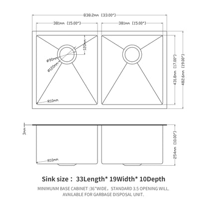 Double Bowl(50/50) Undermount Sink- 33"x19"x10" Gunmetal Black Double Bowl Kitchen Sink 16 Gauge with Two 10" Deep Basin