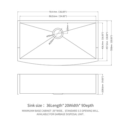 36 Farmhouse Sink - 36 x 20 x 9 Inch Kitchen Sink Stainless Steel 16 gauge Apron Front Kitchen Sink