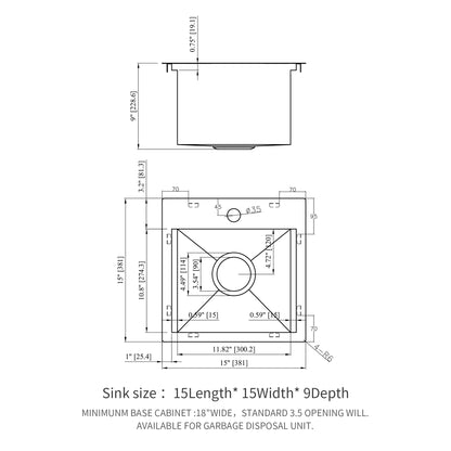 15 Inch Drop in Kitchen Sink - 15 " x 15" x 9" Kitchen Sink Stainless Steel 16 Gauge Workstation Sink Drop-in Topmount Single Bowl Kitchen Sink