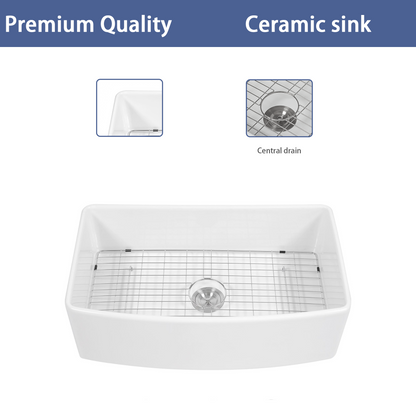 White Farmhouse Sink - 33 x 20 x 10 inch White Kitchen Sink Porcelain Ceramic Arch Edge Apron Front Single Bowl Farm Kitchen Sinks