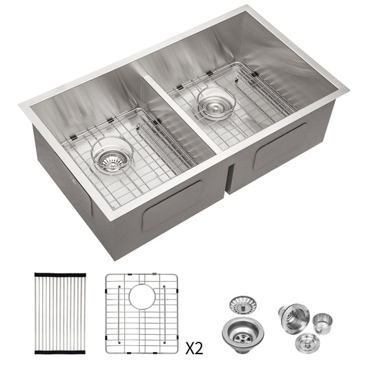 Double Bowl(50/50) Undermount Sink- 30"x19"x10" Double Bowl Kitchen Sink 16 Gauge with Two 10" Deep Basin