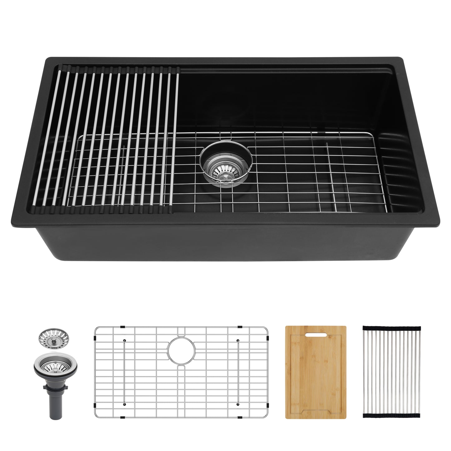 Quartz Kitchen Sink - 32" x 19" x 9.65" Black granite composite Workstation undermount kitchen sink