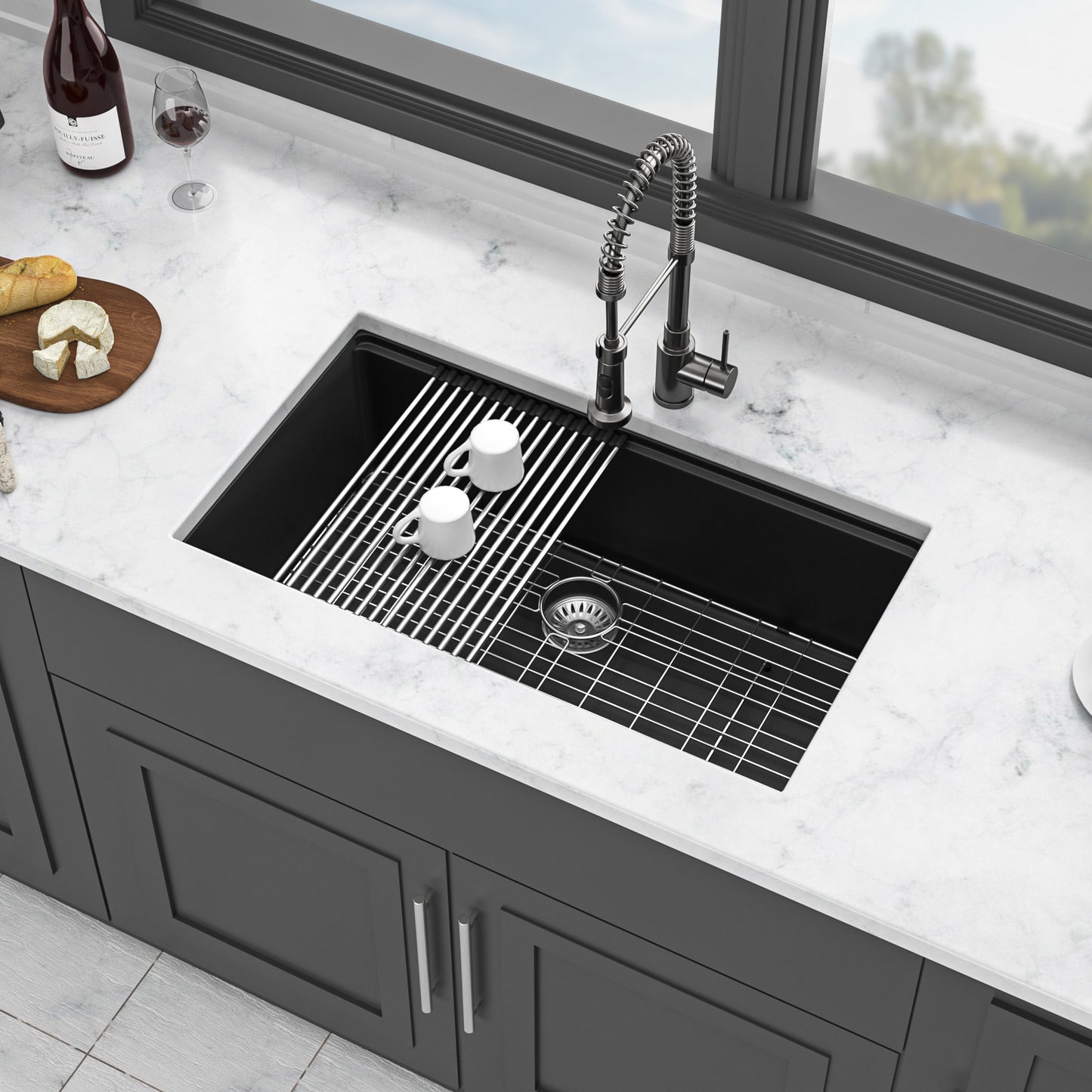 Quartz Kitchen Sink - 32" x 19" x 9.65" Black granite composite Workstation undermount kitchen sink