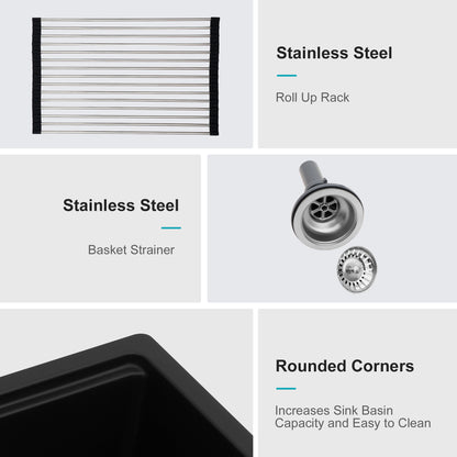 Quartz Kitchen Sink - 32" x 19" x 9.65" Black granite composite Workstation undermount kitchen sink