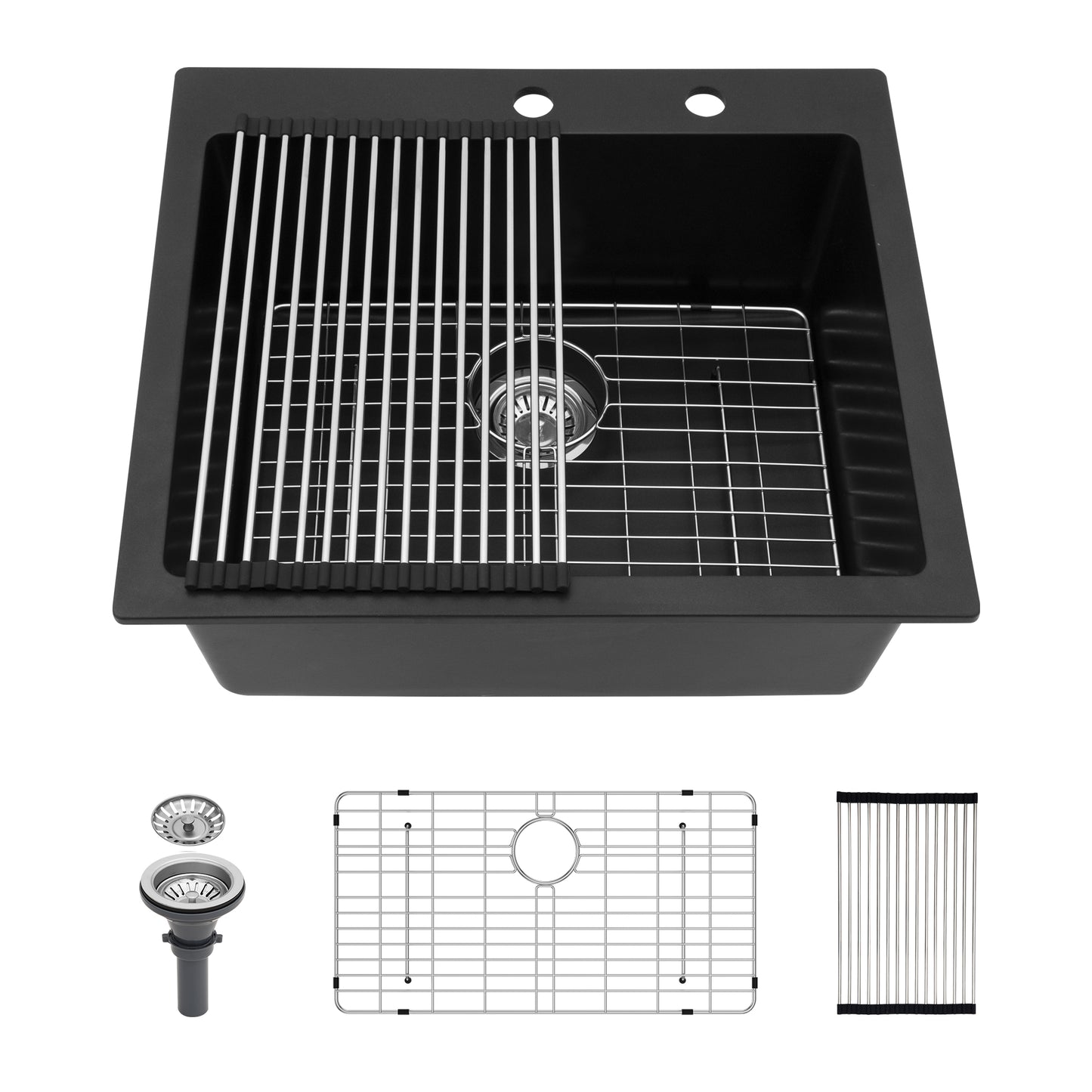 Quartz Kitchen Sink - 25" x 22" x 9.65" Black Granite Composite Drop in Single Bowl Kitchen Sink