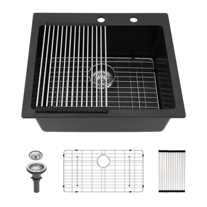 Quartz Kitchen Sink - 25" x 22" x 9.65" Black Granite Composite Drop in Single Bowl Kitchen Sink