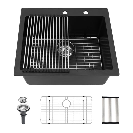 Quartz Kitchen Sink - 25" x 22" x 9.65" Black Granite Composite Drop in Single Bowl Kitchen Sink