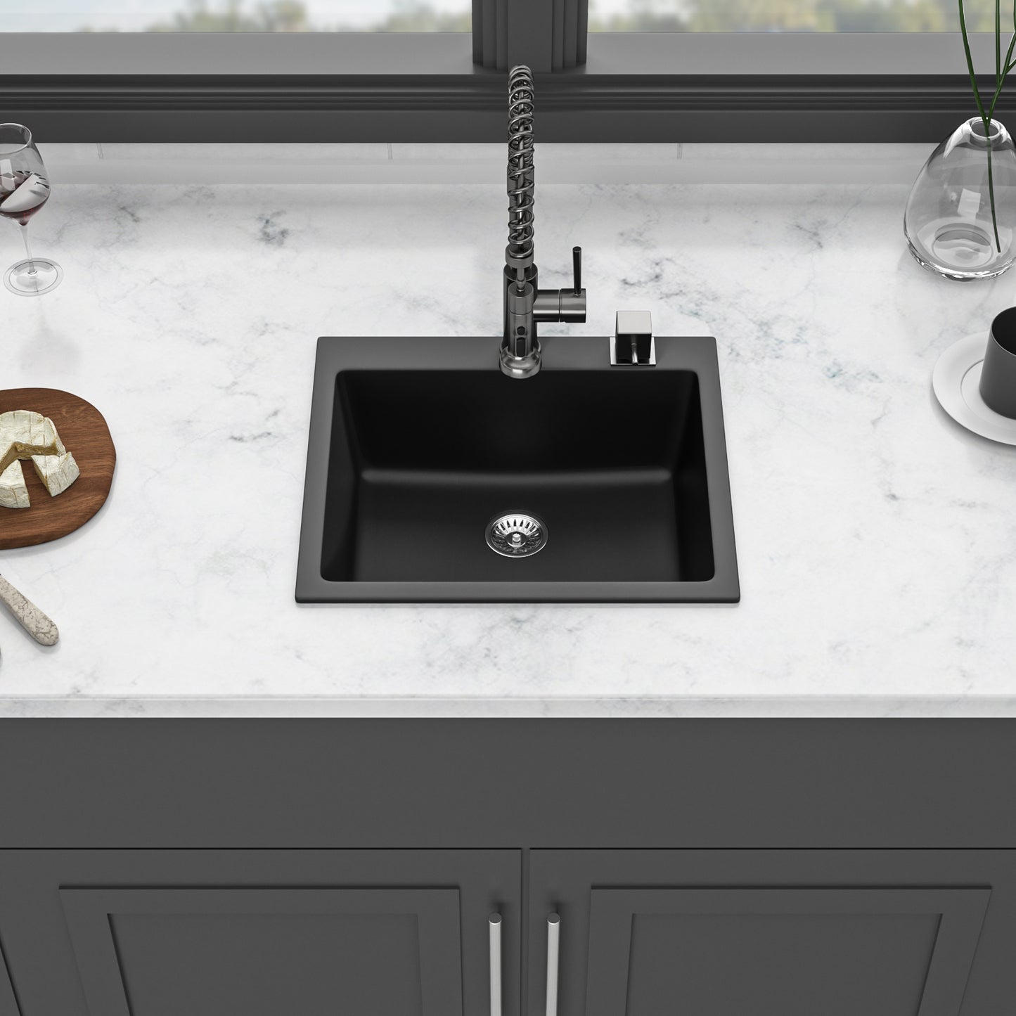 Quartz Kitchen Sink - 25" x 22" x 9.65" Black Granite Composite Drop in Single Bowl Kitchen Sink