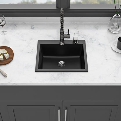 Quartz Kitchen Sink - 25" x 22" x 9.65" Black Granite Composite Drop in Single Bowl Kitchen Sink