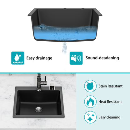 Quartz Kitchen Sink - 25" x 22" x 9.65" Black Granite Composite Drop in Single Bowl Kitchen Sink