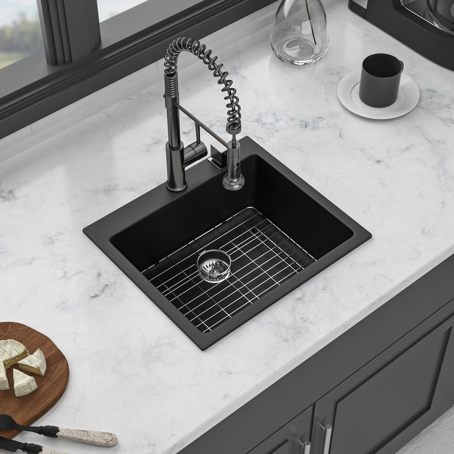 Quartz Kitchen Sink - 25" x 22" x 9.65" Black Granite Composite Drop in Single Bowl Kitchen Sink