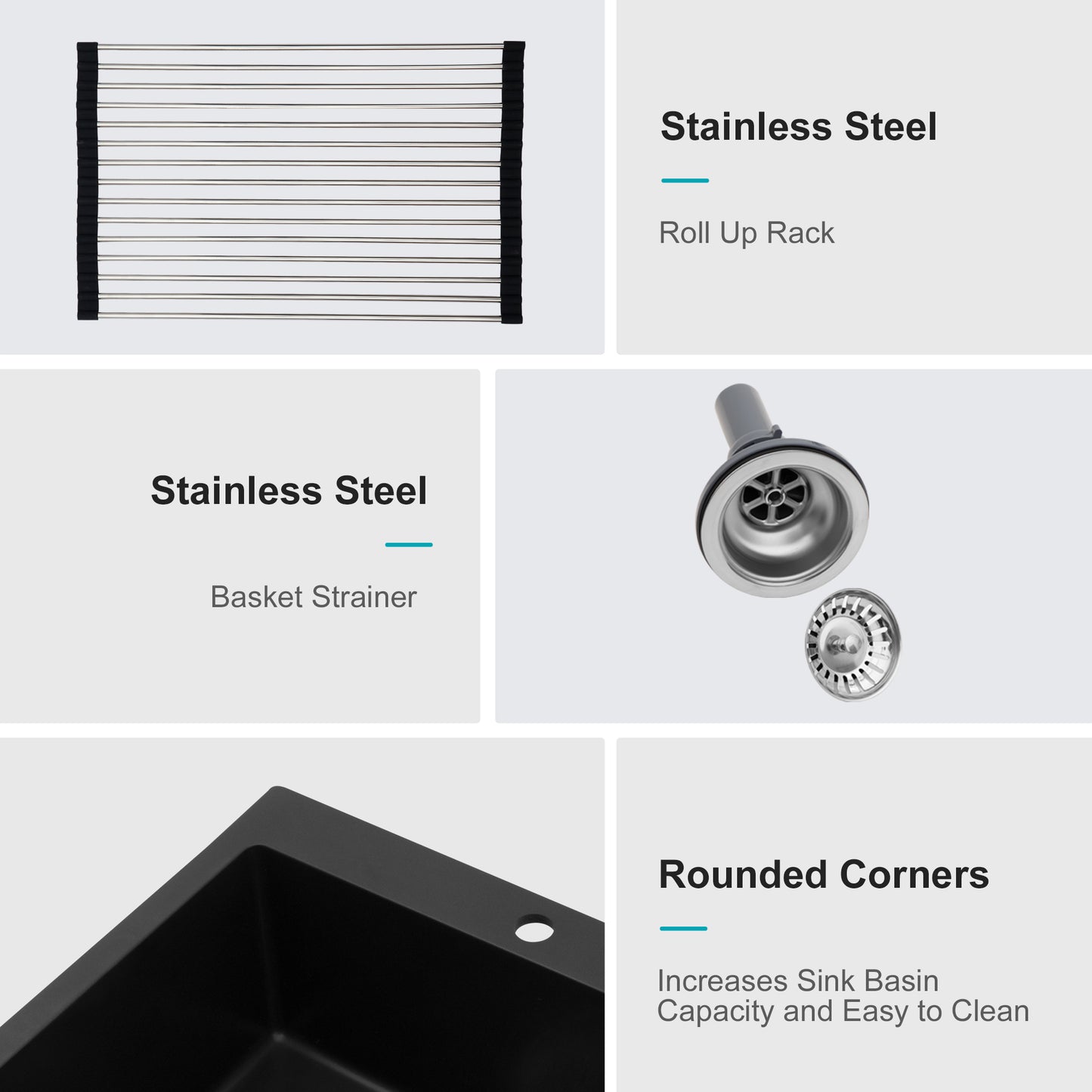 Quartz Kitchen Sink - 25" x 22" x 9.65" Black Granite Composite Drop in Single Bowl Kitchen Sink