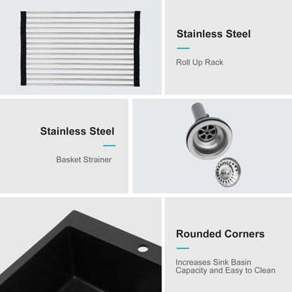 Quartz Kitchen Sink - 25" x 22" x 9.65" Black Granite Composite Drop in Single Bowl Kitchen Sink